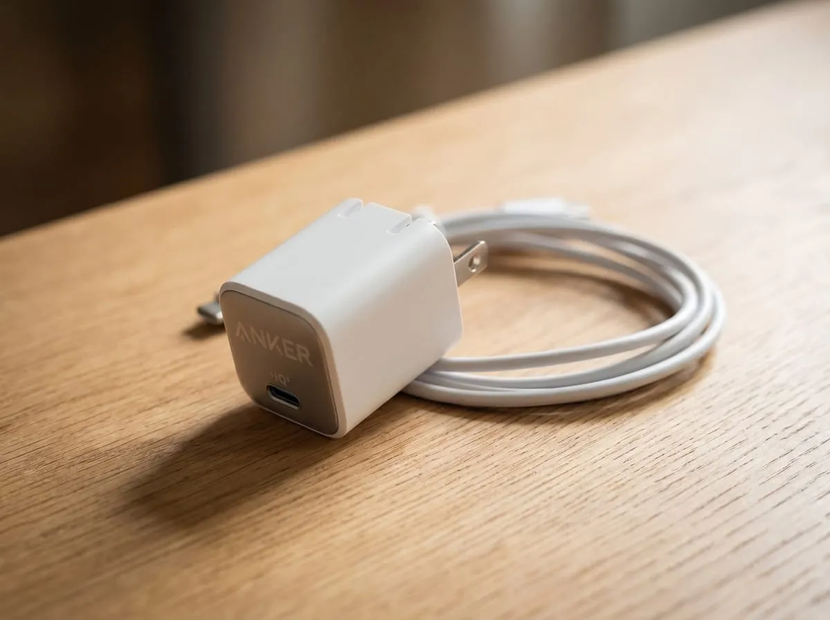 Anker Nano 30W matte white USB-C charger with a coiled cable on a warm wood desk, foldable prongs, editorial product shot