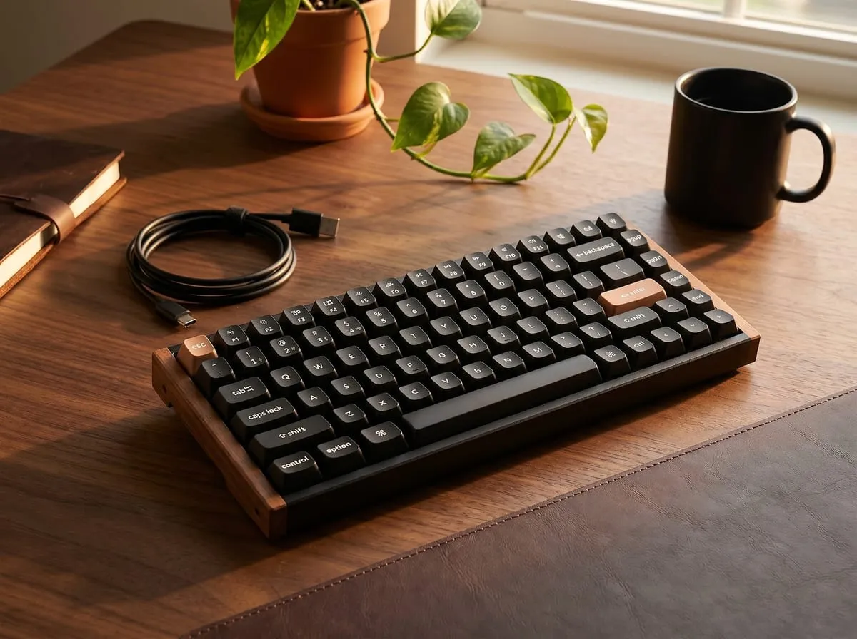 Keychron K2 HE Hall Effect wireless mechanical keyboard with Gateron Double-Rail magnetic switches in CNC aluminum and walnut wood frame — Special Edition 75 percent layout with south-facing RGB backlight
