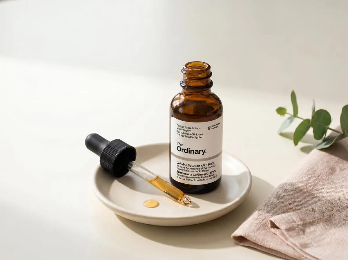 The Ordinary Caffeine Solution 5 percent plus EGCG 30ml glass dropper bottle — depuffing eye serum with 5% caffeine and epigallocatechin gallatyl glucoside green tea polyphenol, vegan and fragrance-free