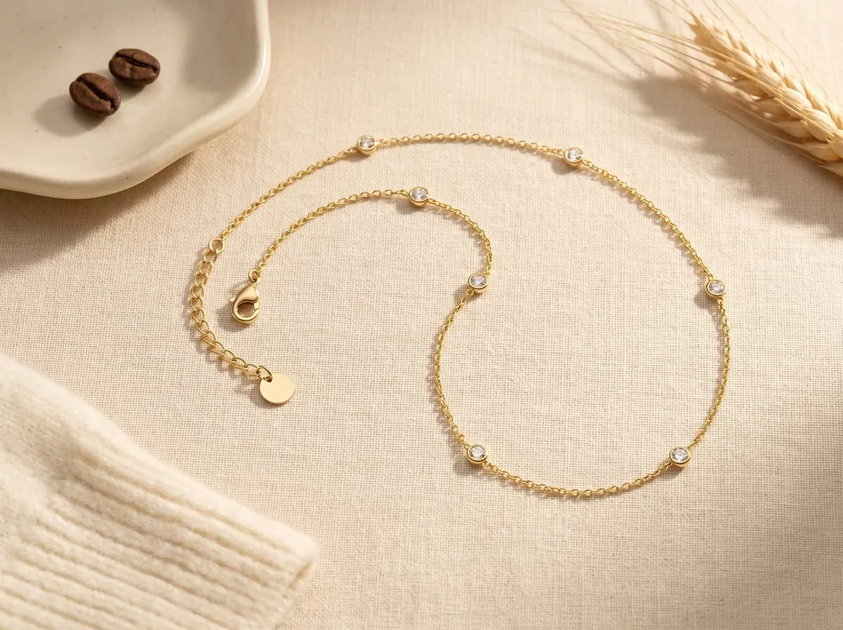 PAVOI 14K gold plated station necklace — dainty layered chain with simulated diamond stations, hypoallergenic plating, daily-wear friendly for sensitive skin
