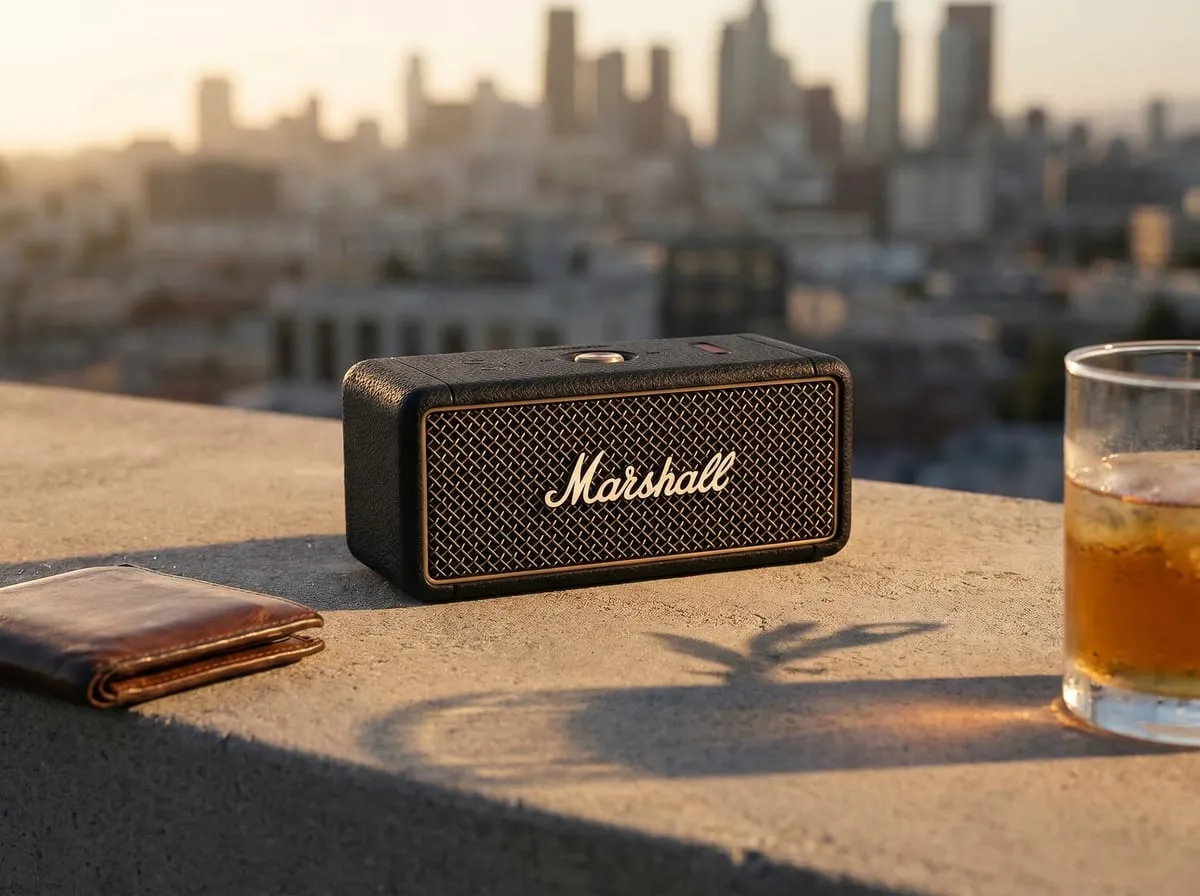 Marshall Emberton III portable Bluetooth speaker in black and brass — IP67 rugged waterproof design with True Stereophonic 360 sound, 32 plus hour battery, the iconic Marshall amplifier silhouette in a compact travel form