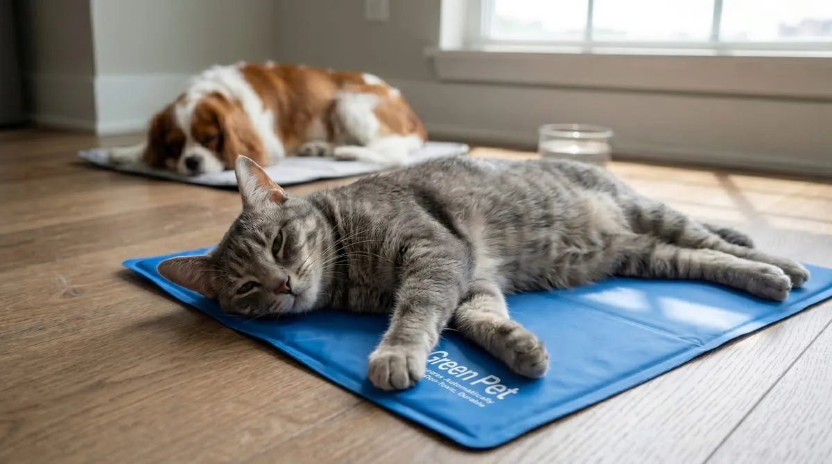 The Green Pet Shop pressure-activated gel cooling pad in soft gray-blue — self-recharging after 15-20 minutes, no electricity or water, dog and cat compatible