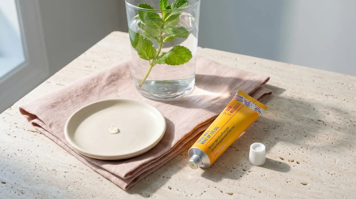 Good Molecules Yerba Mate Wake Up Eye Gel 15ml tube — lightweight gel with caffeine, yerba mate extract, and hyaluronic acid for under-eye puffiness, dark circles, and hydration, fragrance-free and vegan