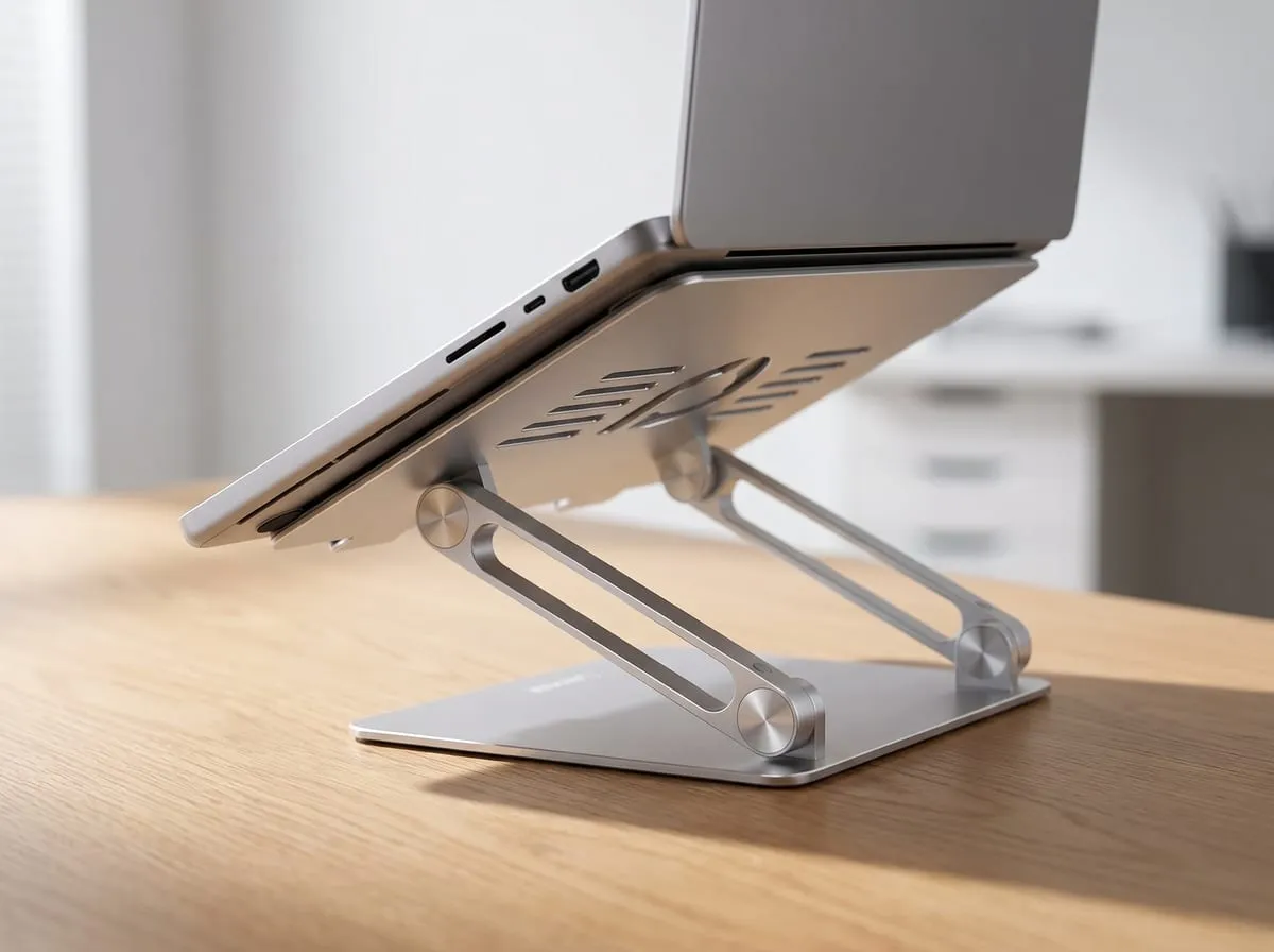 Lamicall silver aluminum laptop stand holding a laptop at eye level on a wood desk, ventilated frame and weighted base, editorial product shot