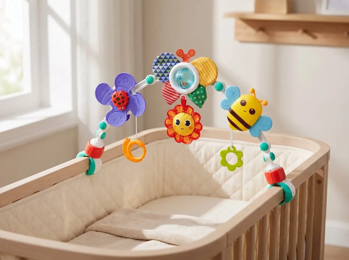Lynncare adjustable bassinet arch toy with hanging musical bee, teether, flower spinner, crinkly texture, reflective deer, and fox rattle — CPSIA and ASTM certified BPA-free plastic, four-mode use across bassinet crib stroller bouncer