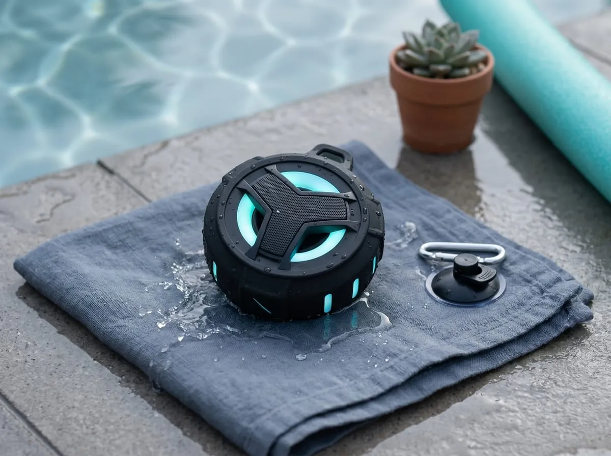 EBODA Bluetooth shower speaker in black with LED light ring — IP67 portable wireless speaker, floats on water, 2000 mAh battery, carabiner clip and suction mount for kayak shower and poolside use