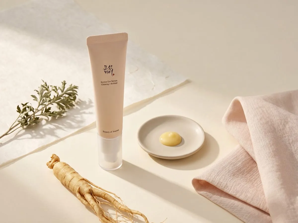 Beauty of Joseon Revive Eye Serum with retinal, niacinamide, and ginseng — Korean K-beauty soft pink squeeze tube with silver pump applicator base, 30ml, anti-aging for fine lines, dark circles, and puffy eye bags, hanbang formulation