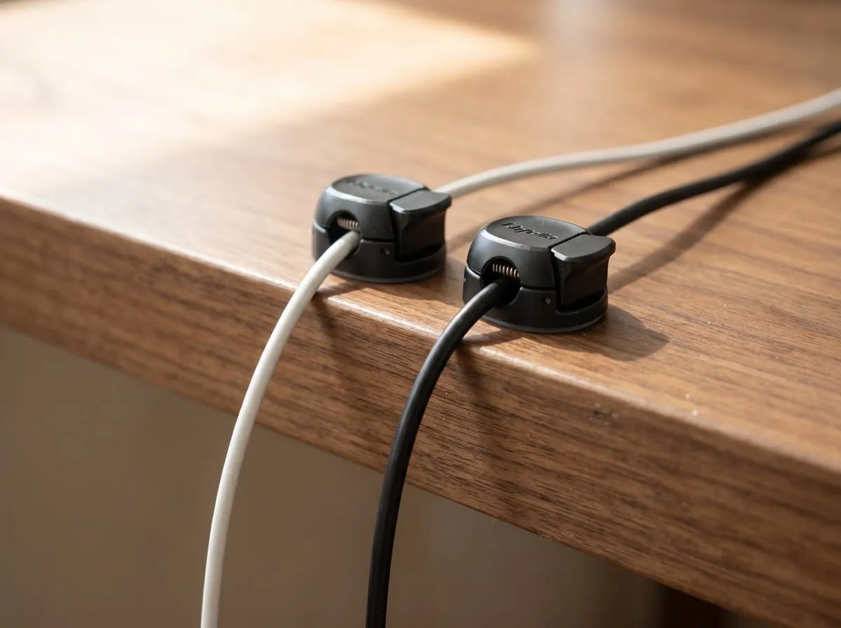 Chfeila adhesive cable clips holding a white and a black charging cable along the edge of a wood desk, editorial product shot
