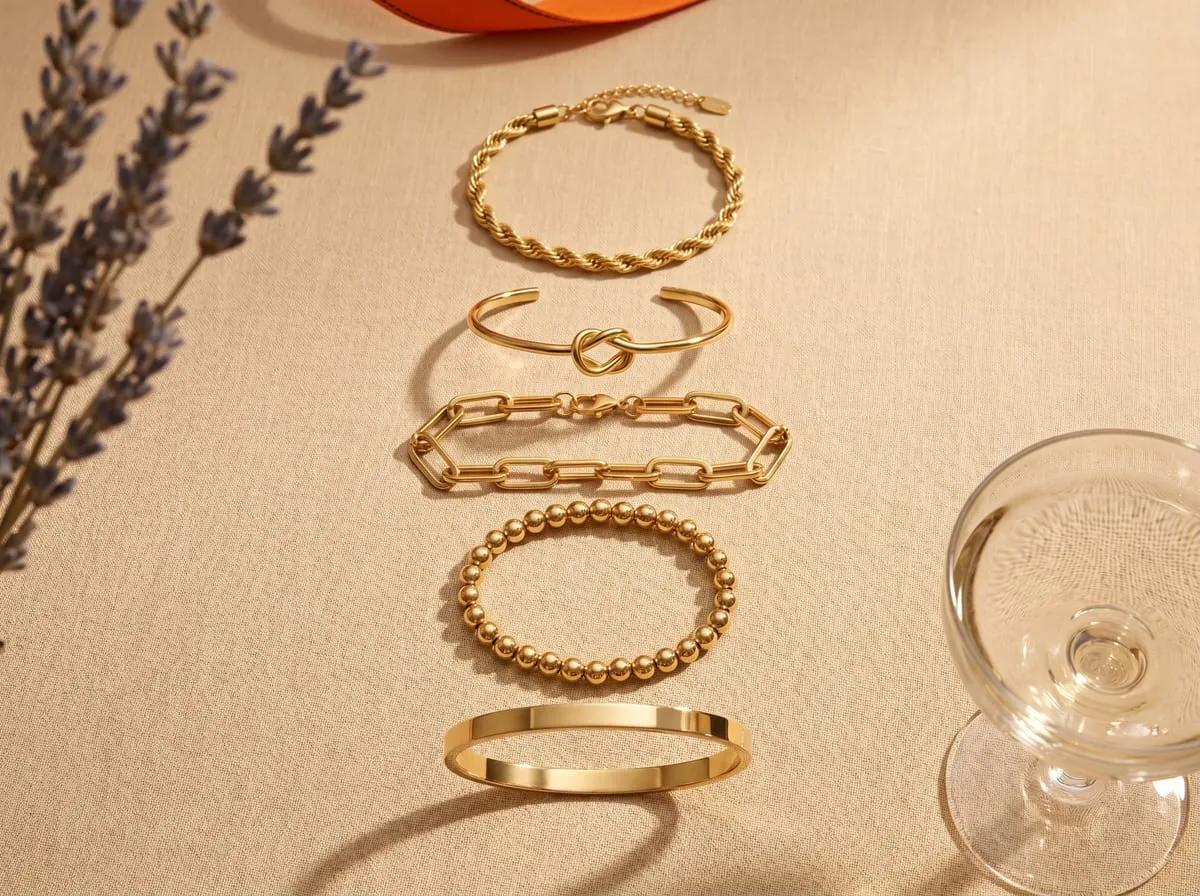 Gokeey 5-piece gold bracelet stack — twisted rope chain, dainty love-knot cuff, chunky paperclip chain, stretchy beaded ball bracelet, and polished flat bangle in one bundle
