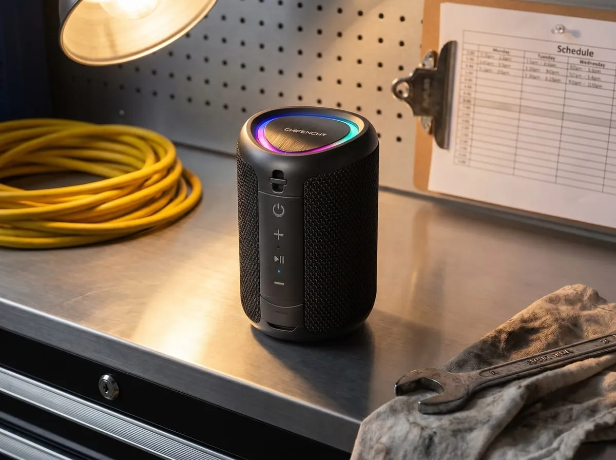 CHIFENCHY portable Bluetooth speaker in black with dynamic RGB LED light ring — IPX5 waterproof outdoor speaker with Bluetooth 5.3 and TWS pairing, cup-holder-friendly form for jobsite garage fishing and outdoor use