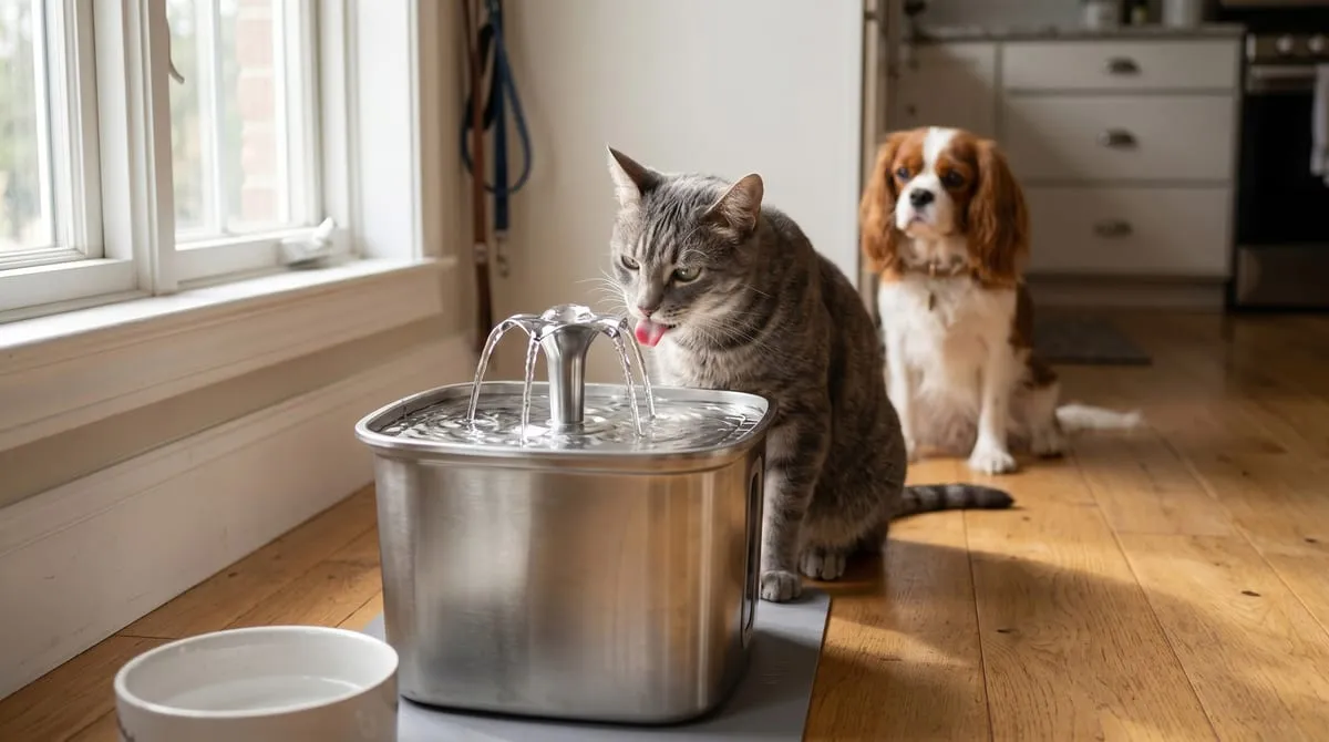 Veken 108oz stainless steel pet water fountain — quiet recirculating water dispenser with charcoal filter, kitchen counter or floor placement, cats and dogs share one bowl
