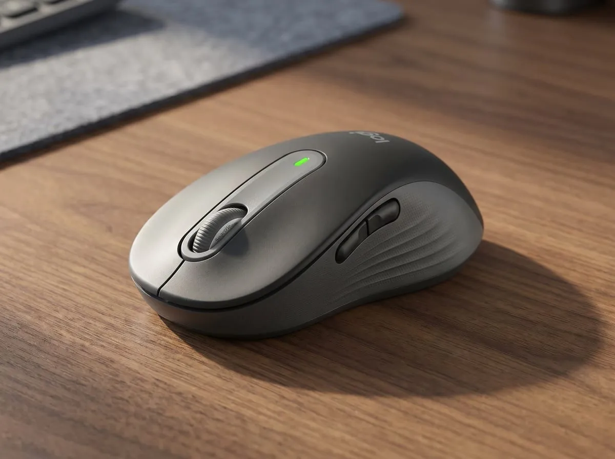 Logitech M650 graphite silent wireless mouse on a warm walnut desk with a keyboard and mat softly behind, editorial product shot