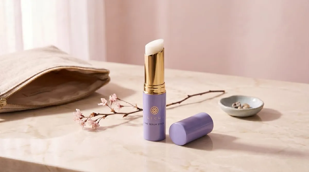 Tatcha The Serum Stick 8g twist-up tube — Japanese J-beauty solid serum balm with green tea, rice, algae, and squalane for face, eye, and lip use, travel-friendly fine line smoother