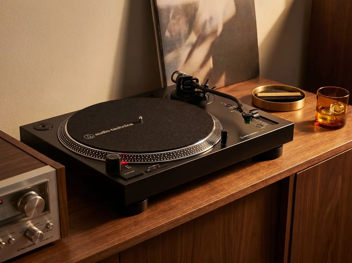 Audio-Technica AT-LP120XUSB direct-drive turntable in black — fully manual hi-fi turntable with 33 45 and 78 RPM speeds, USB output for digitizing vinyl, anti-skate, variable pitch control, and the AT-VM95E cartridge factory-installed