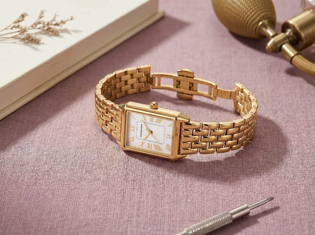 GAOFAN HOUR vintage rectangular gold watch — Cartier Tank silhouette-dupe with stainless steel case, included sizing tool, 3 ATM water resistance for daily wear