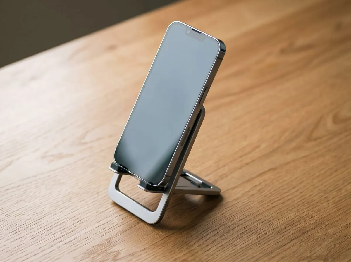 JSAUX folding silver aluminum phone stand holding an iPhone upright on a wood desk, editorial product shot