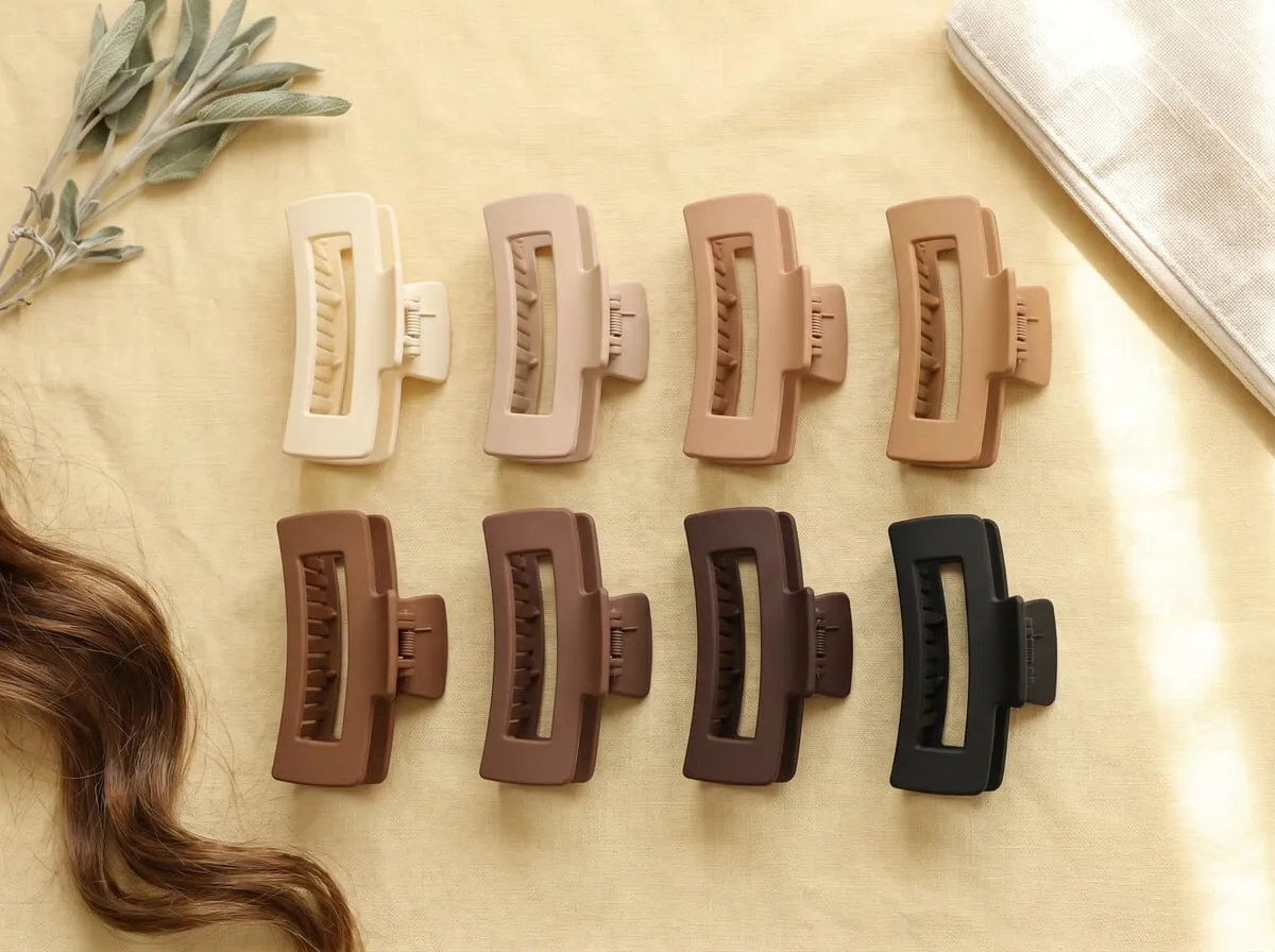 TOCESS matte neutral hair claw clip 8-pack — strong nonslip hold in eight muted tones, large size for thick and curly hair, no-snap hinge design