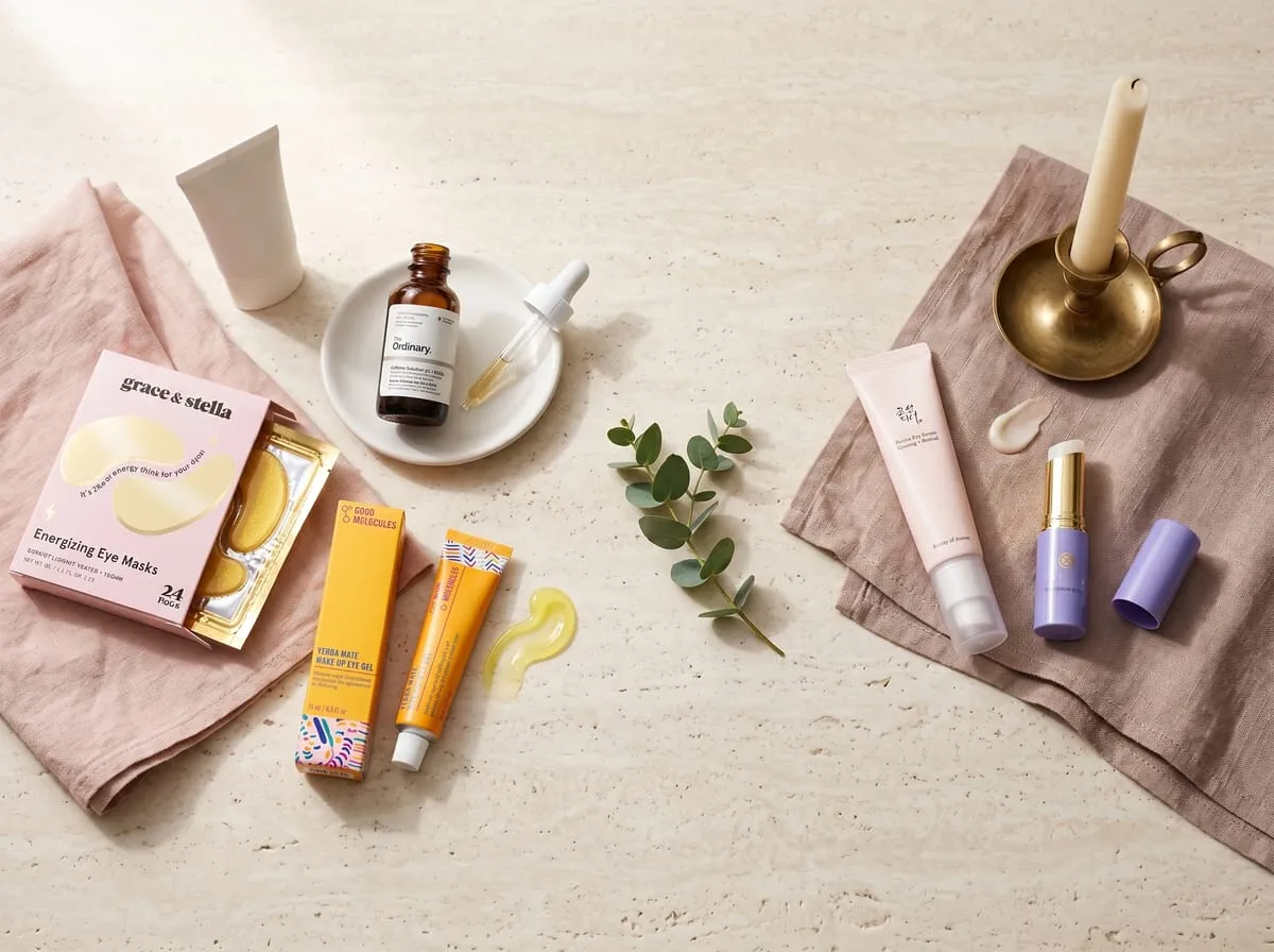 Editorial morning-to-evening routine flat-lay with the five eye-care products clustered AM-left to PM-right on a pale travertine surface — caffeine serums and patches morning side, retinal serum and balm stick evening side, with eucalyptus and folded blush linen between them
