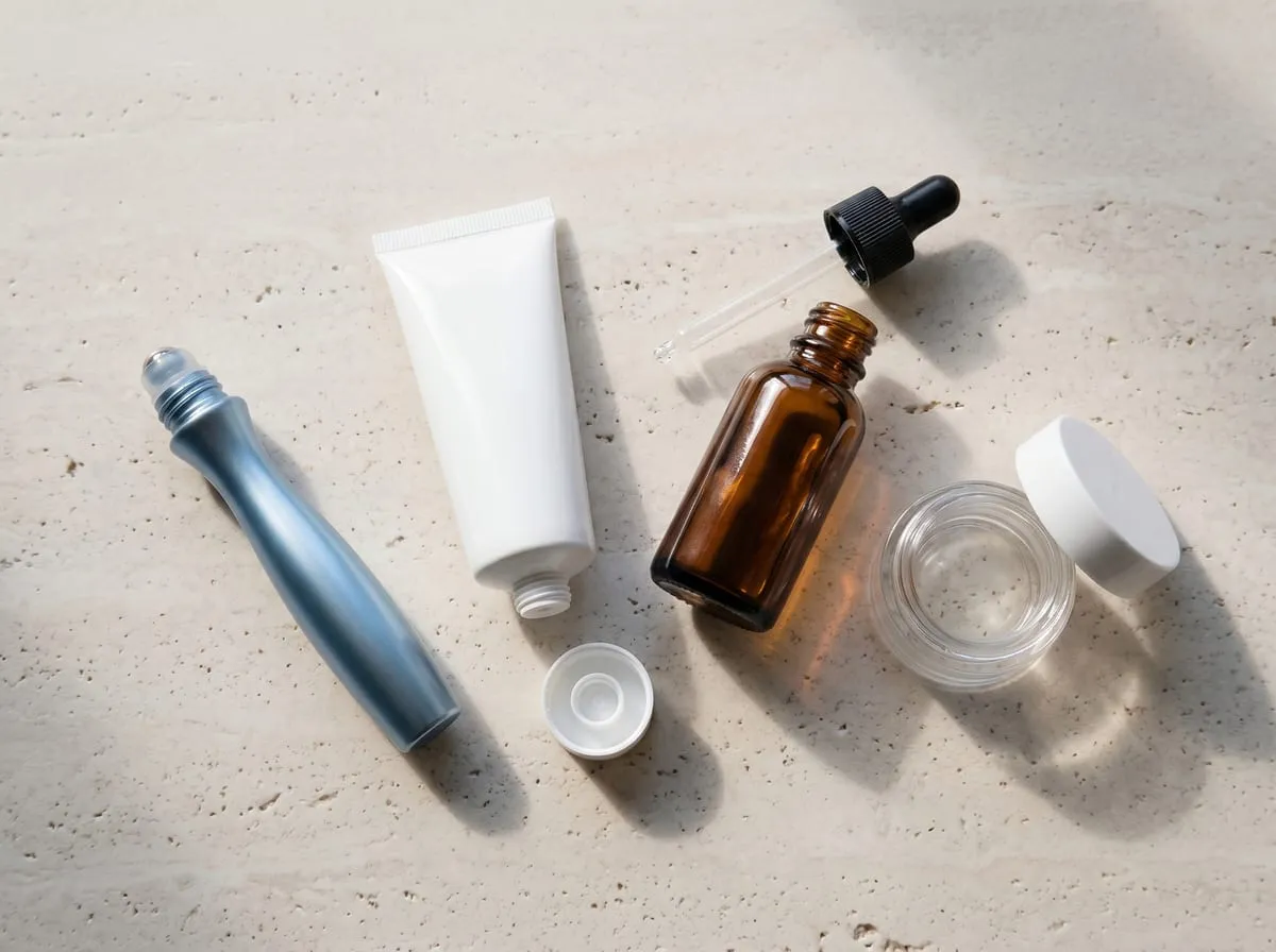 Editorial flat-lay of generic unbranded eye-care props that didn't make the cut — a metal under-eye roller ball, an unmarked white squeeze tube, a label-less glass amber dropper bottle, and a small unmarked clear jar arranged with casual disarray on a pale travertine surface