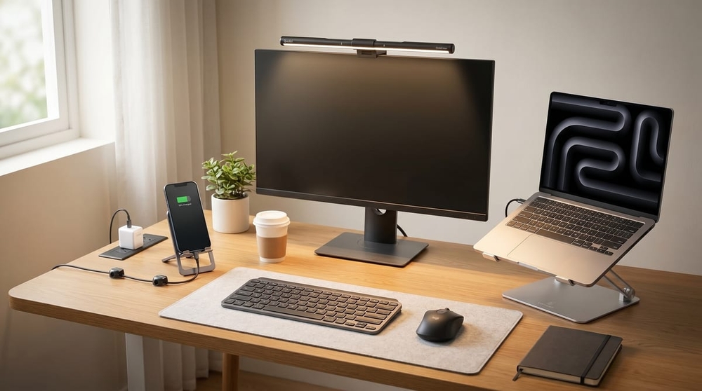 A finished home-office desk under window light: a monitor topped with a Quntis light bar, a laptop raised on a Lamicall aluminum stand, a keyboard, a Logitech M650 mouse, and a phone charging on a JSAUX stand