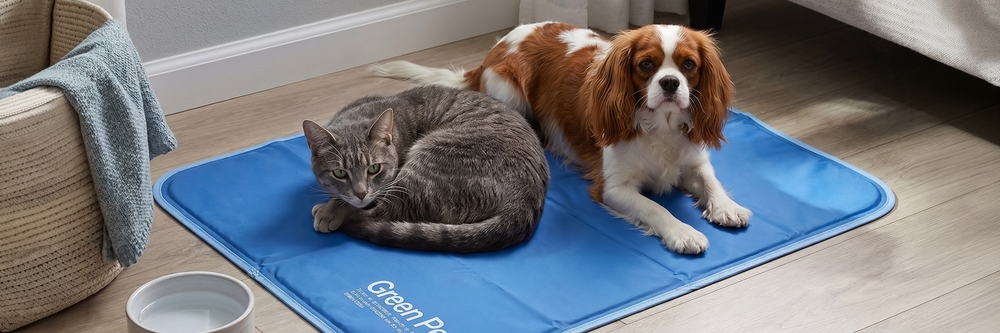 A grey tabby cat and a Cavalier King Charles Spaniel resting together on a blue Green Pet Shop cooling mat