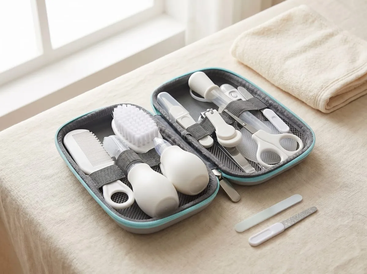 Newborn baby grooming kit 14-piece set with nail file, hair brush, comb, finger toothbrush, tweezer, nasal aspirator, baby scissors, medicine dropper, and measuring spoons in a portable EVA zip carry bag — stainless steel and BPA-free plastic construction