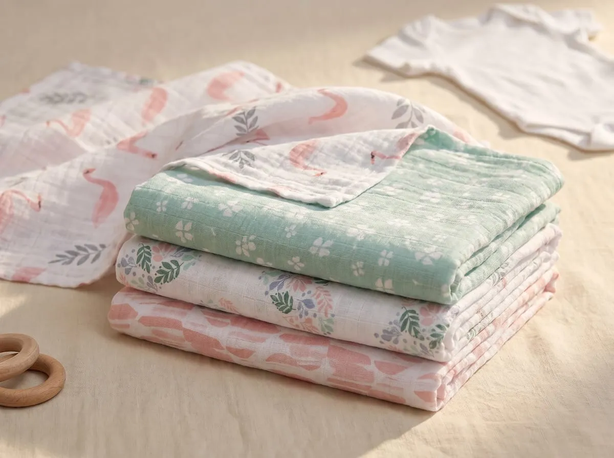 aden + anais Essentials Muslin Swaddle Blanket 4-pack in Briar Rose floral pattern — 100 percent cotton muslin, 44 by 44 inches per swaddle, machine washable, multi-use for swaddling, tummy time, stroller cover, burping, nursing, and on-the-go changing