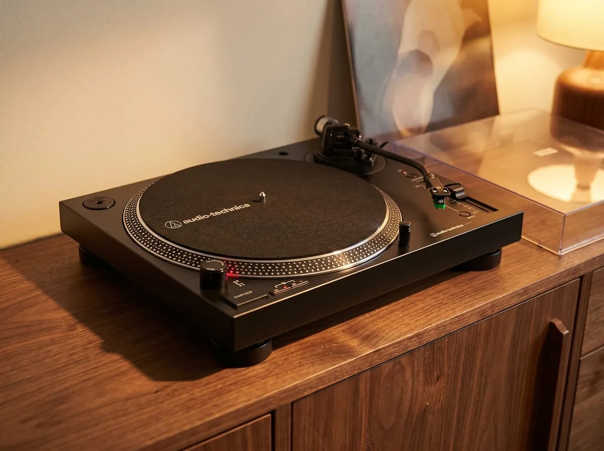 Audio-Technica AT-LP120XUSB direct-drive turntable on a walnut credenza beside a record sleeve and warm table lamp
