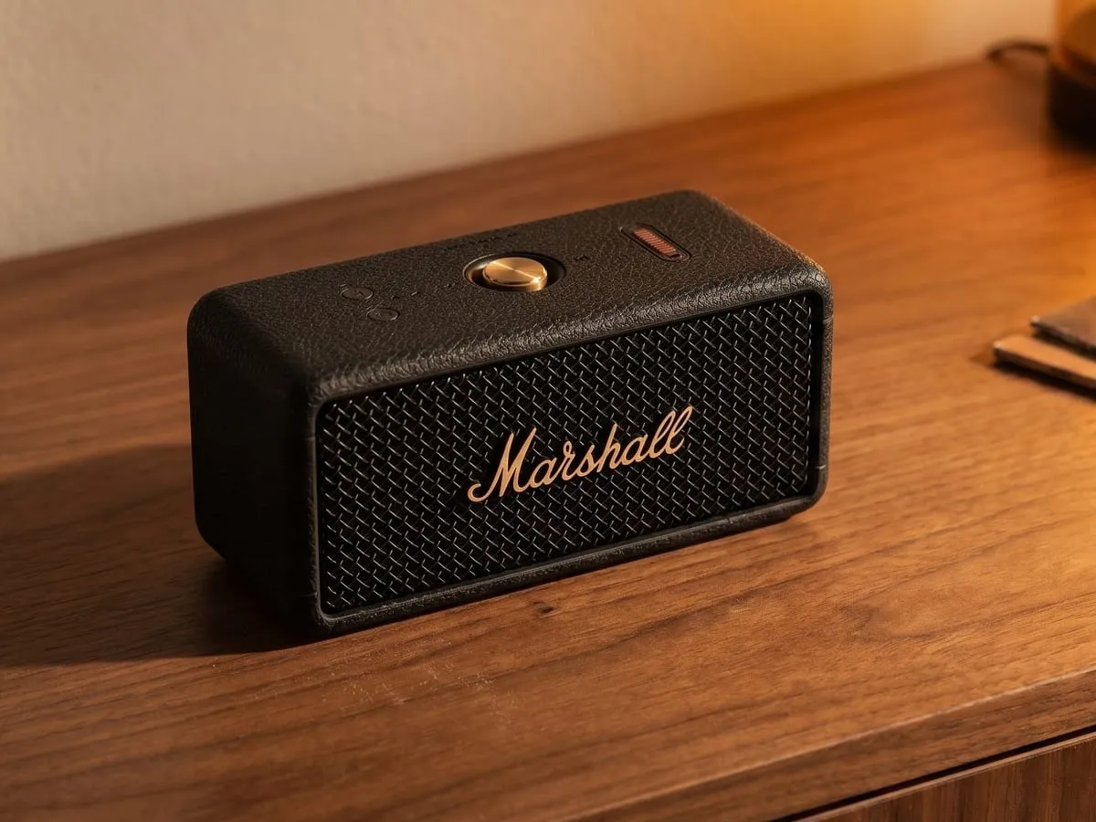 Marshall Emberton III in Black and Brass on a walnut sideboard under warm lamplight, brass control knob and script logo visible