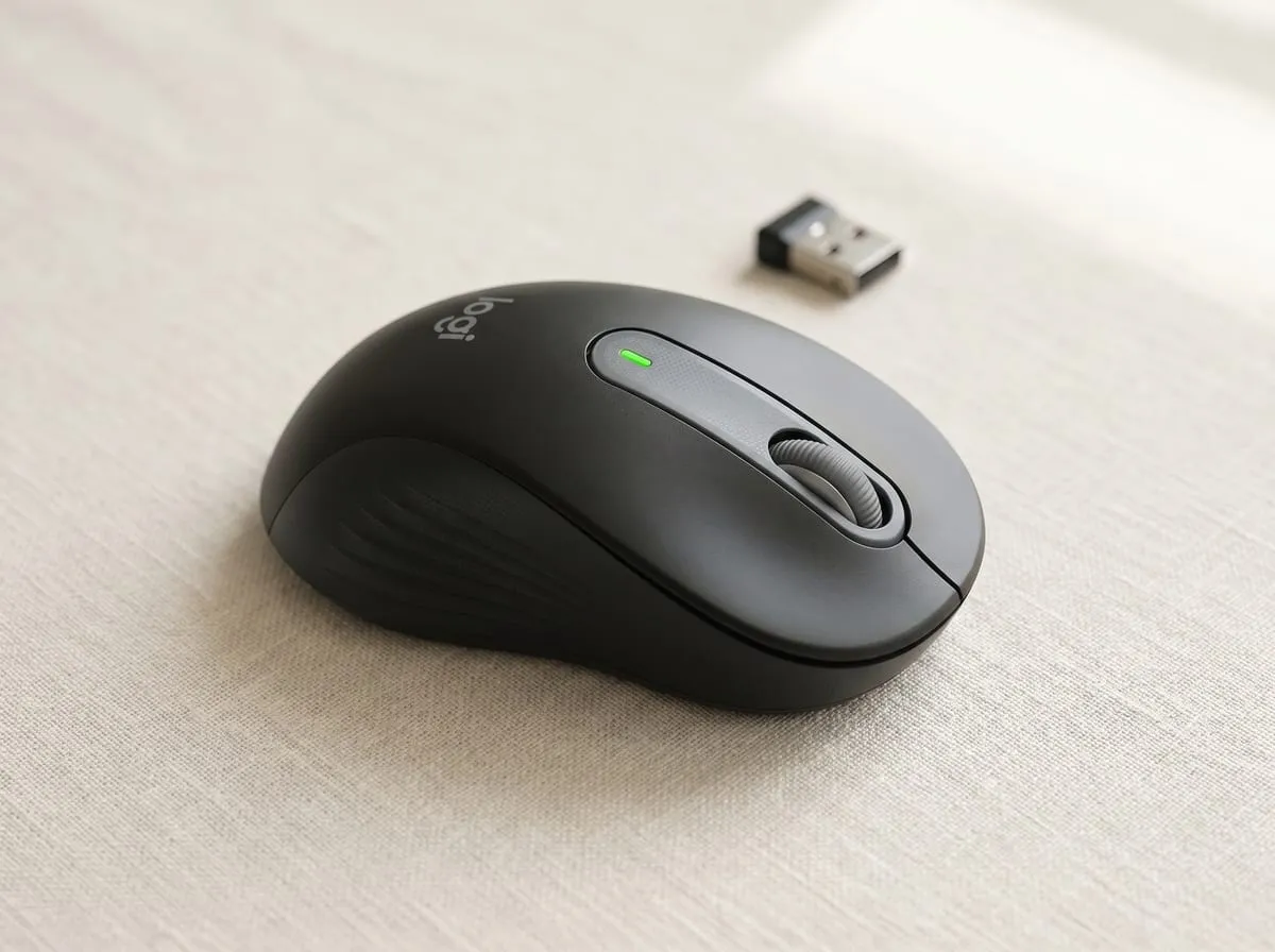 Graphite Logitech M650 wireless mouse on cream linen with its Logi Bolt USB receiver beside it