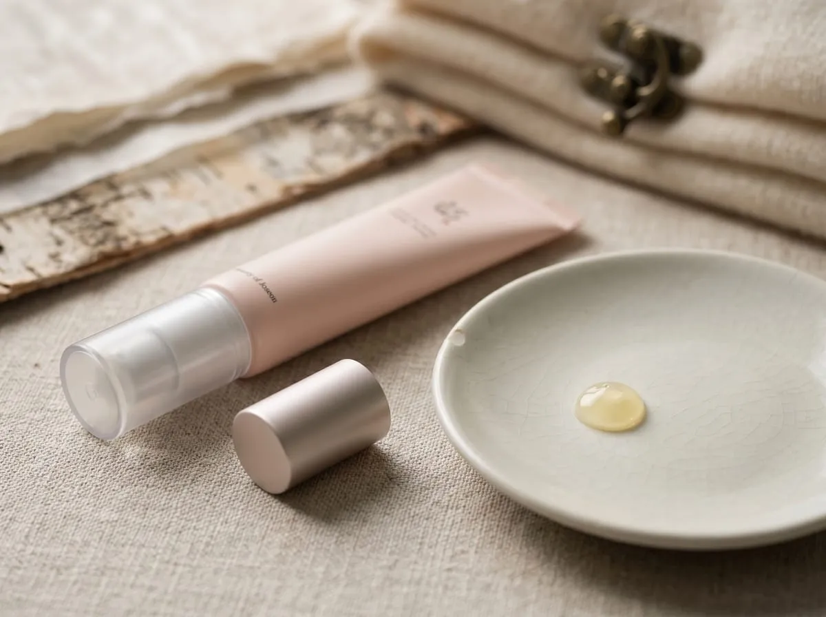 Beauty of Joseon Revive Eye Serum first impression — soft pink tube on linen