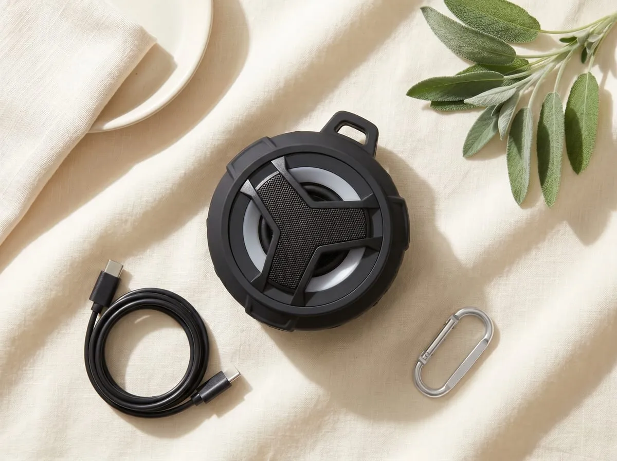 Overhead flat-lay of the matte-black EBODA shower speaker on cream linen with its USB-C cable and aluminum carabiner clip