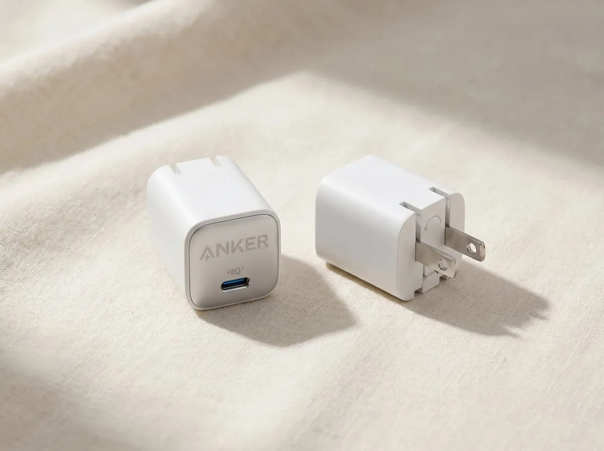 Anker Nano 30W matte white USB-C charger on a linen desk showing its compact size and foldable prongs