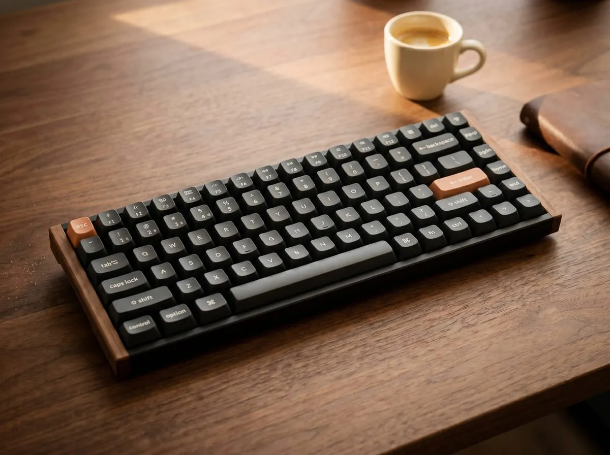 Keychron K2 HE Special Edition with walnut frame and orange esc and enter keycaps on a warm walnut desk beside an espresso cup and a leather notebook