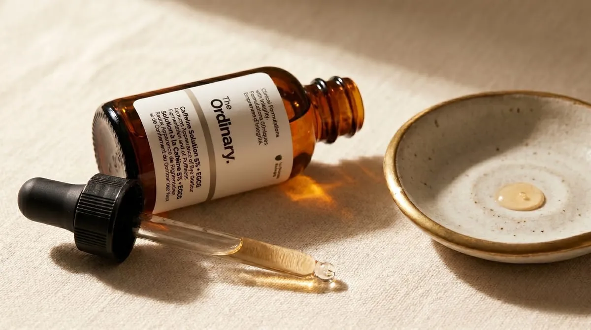 The Ordinary Caffeine 5% + EGCG first impression — glass dropper bottle on minimal countertop