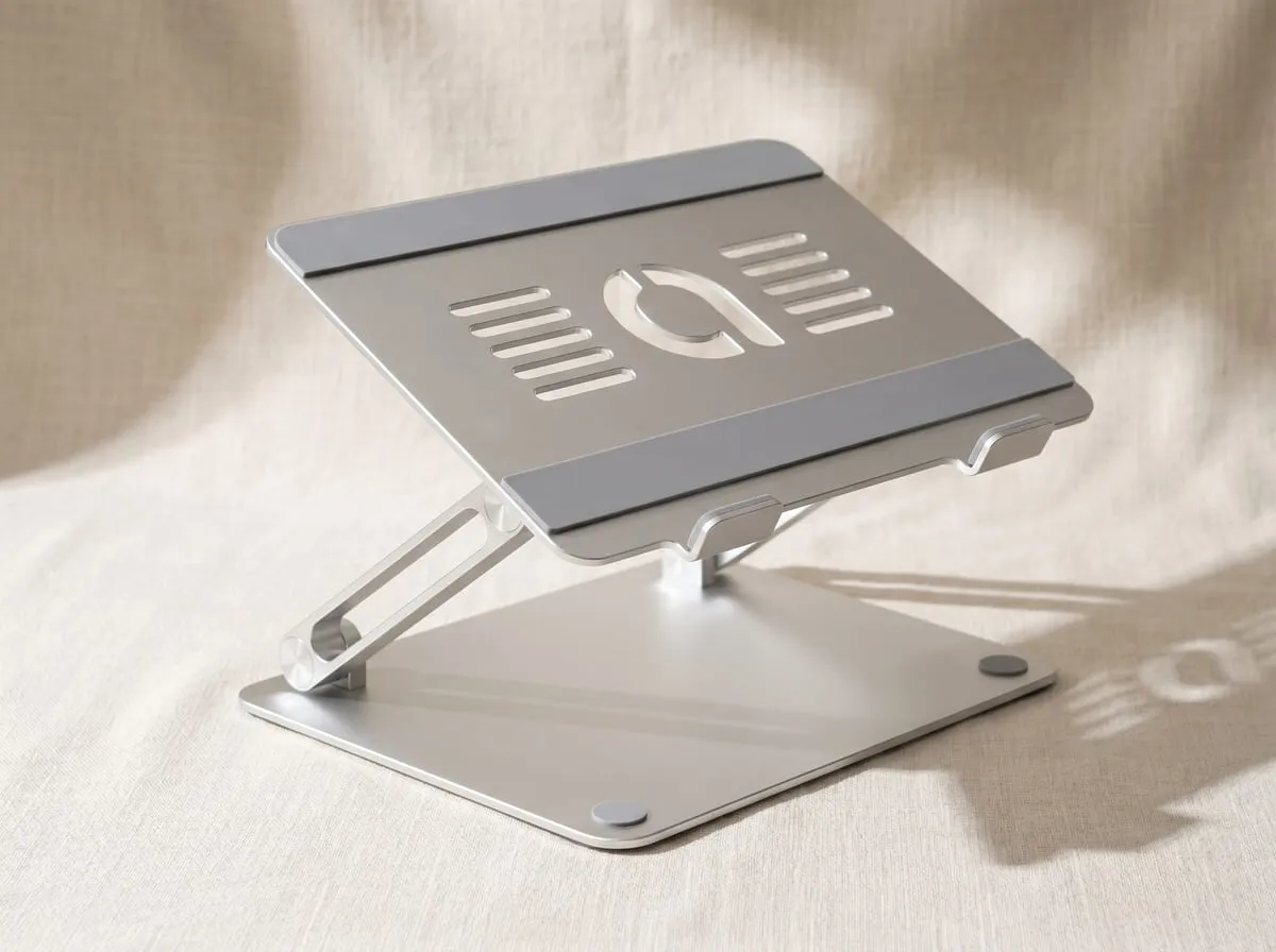 Lamicall silver aluminum laptop stand on a linen desk showing its brushed-aluminum build