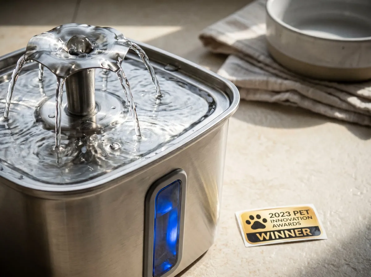Orange-and-white cat beside the running Veken stainless steel pet water fountain with the 2024 Pet Innovation Award medallion shown alongside