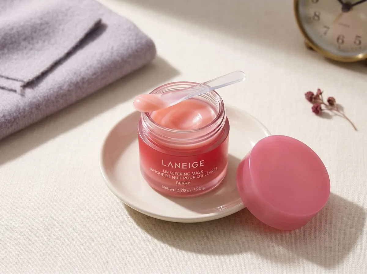 LANEIGE Lip Sleeping Mask jar open with the spatula and a swipe of Berry balm
