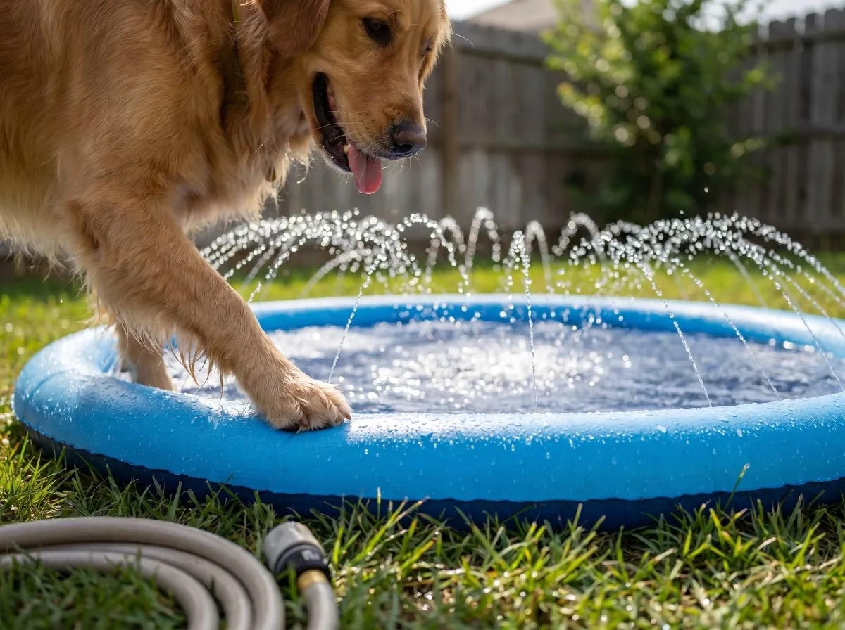 Close-up of a golden retriever stepping a paw onto the Peteast dog splash pad as the perimeter ring sprays, set up in seconds on any garden hose
