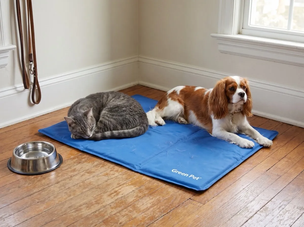 Multi-pet household scene — a Golden Retriever resting on the blue Green Pet Shop cooling mat for dogs beside the product box, soft daylight