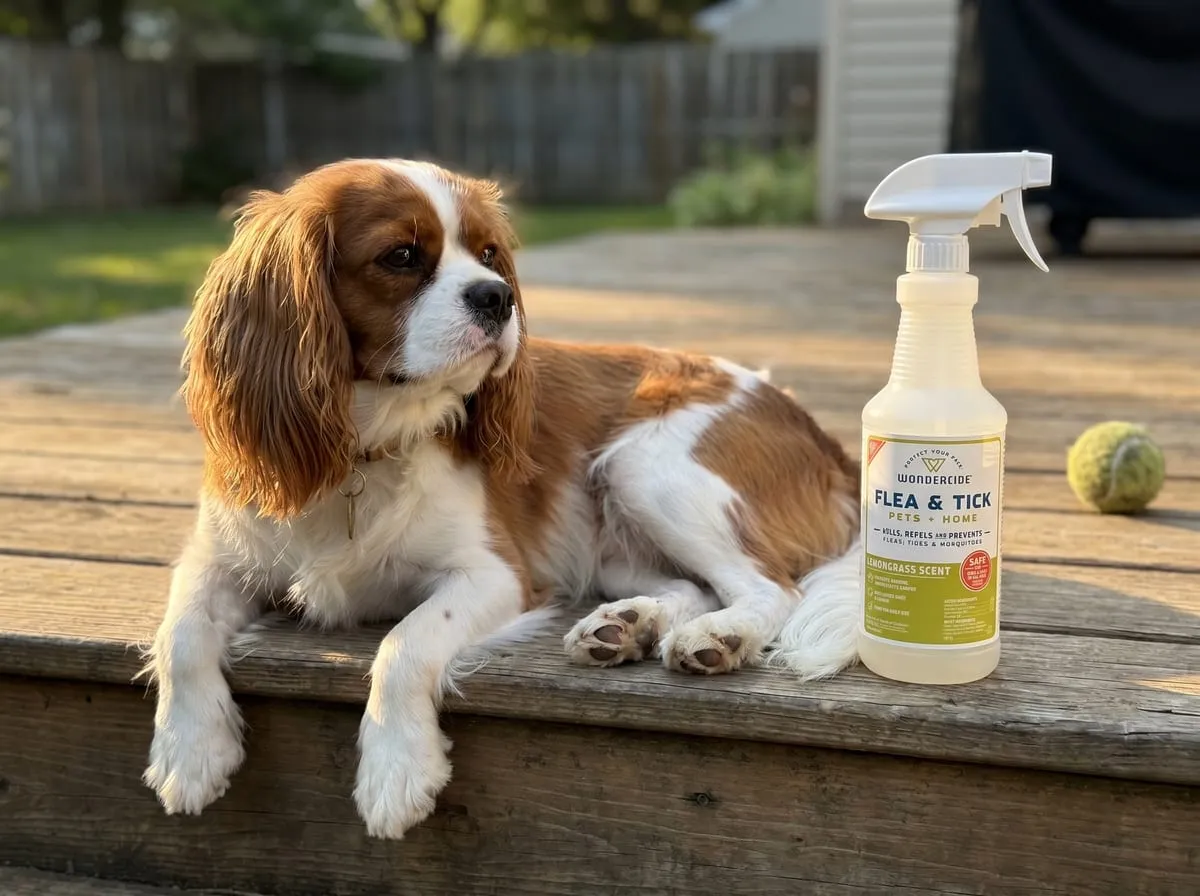 Wondercide flea and tick spray for pets bottle alongside a dog and cat — safe for dogs and cats of all ages, pet beds, furniture, carpets and rugs
