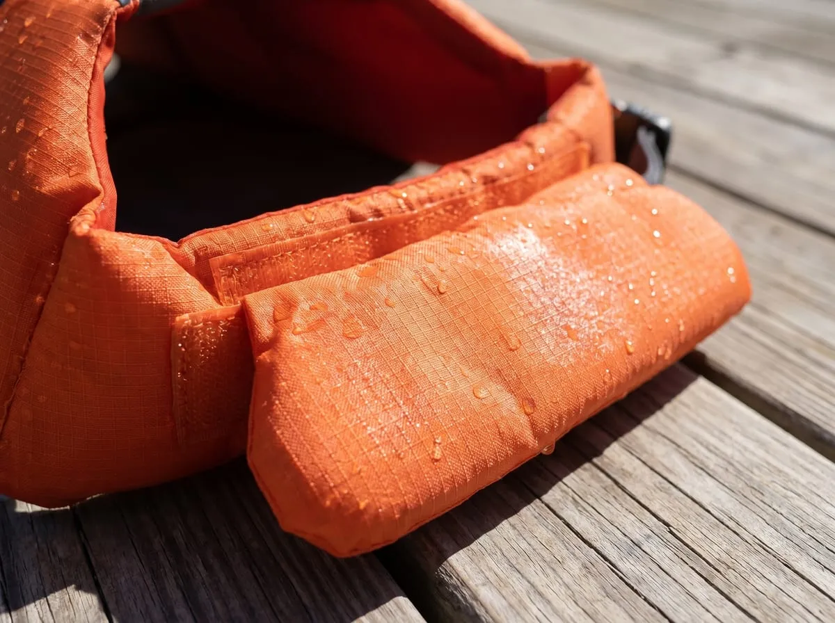 Close macro of the orange foam chin-float panel on the Outward Hound Granby Splash dog life jacket with water droplets on the ripstop shell