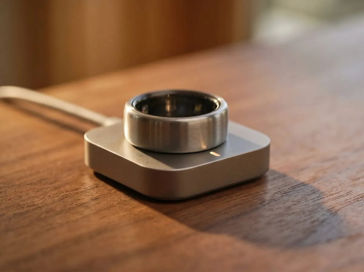 Oura Ring 4 Silver on a charging puck