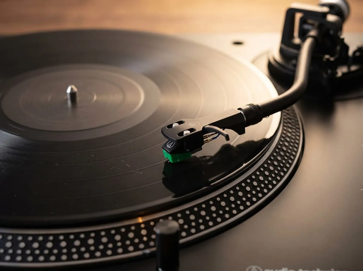 Macro close-up of the Audio-Technica AT-LP120XUSB tonearm and AT-VM95E cartridge cued over a record on the die-cast aluminum platter