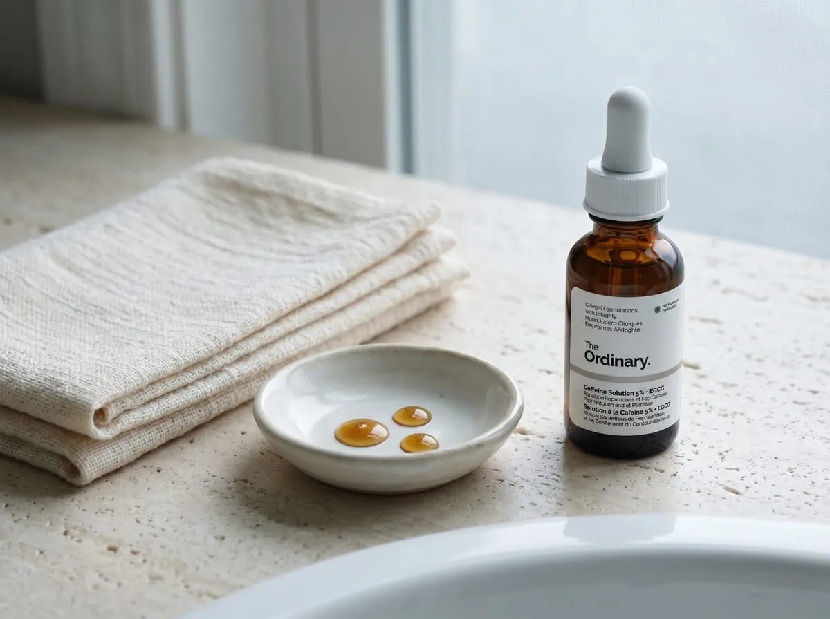 The Ordinary Caffeine — morning depuff routine, dropper bottle by bathroom mirror