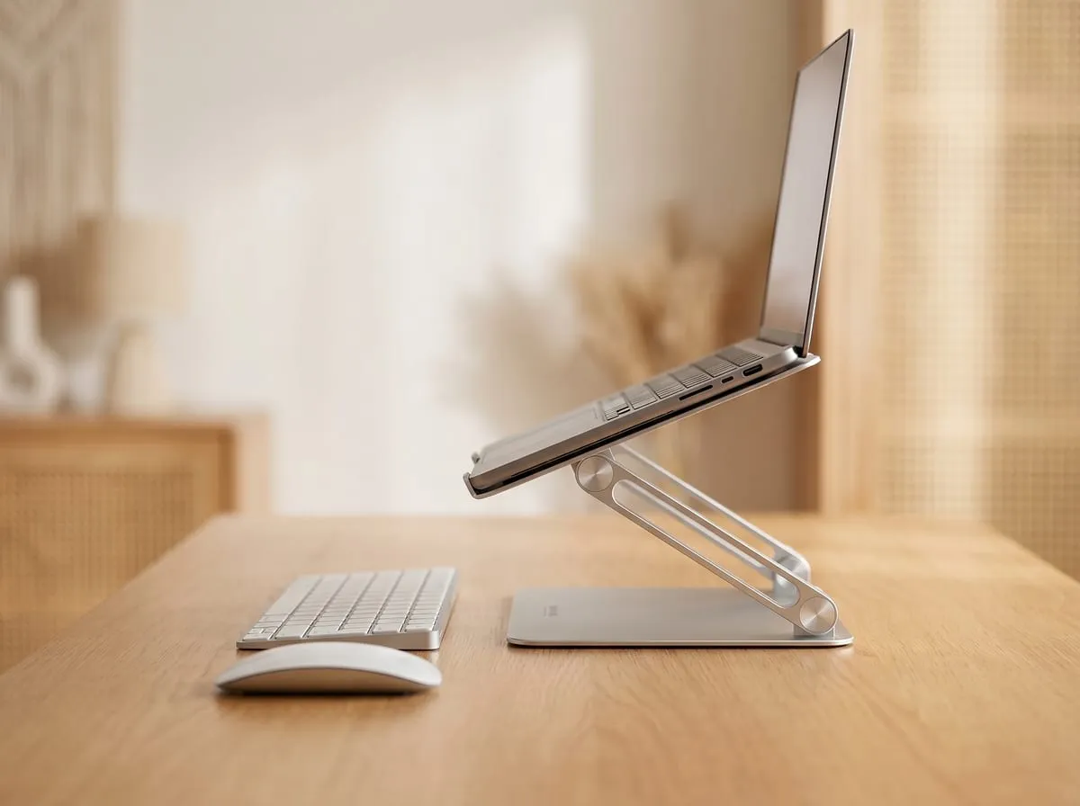 Lamicall laptop stand raising a laptop to eye level with a keyboard on the desk, side profile