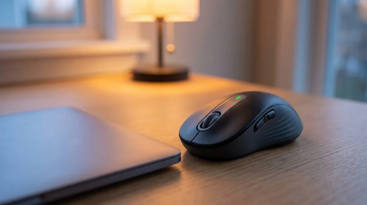 Logitech M650 mouse beside a closed laptop on a wood desk lit by a warm lamp in a quiet room at night