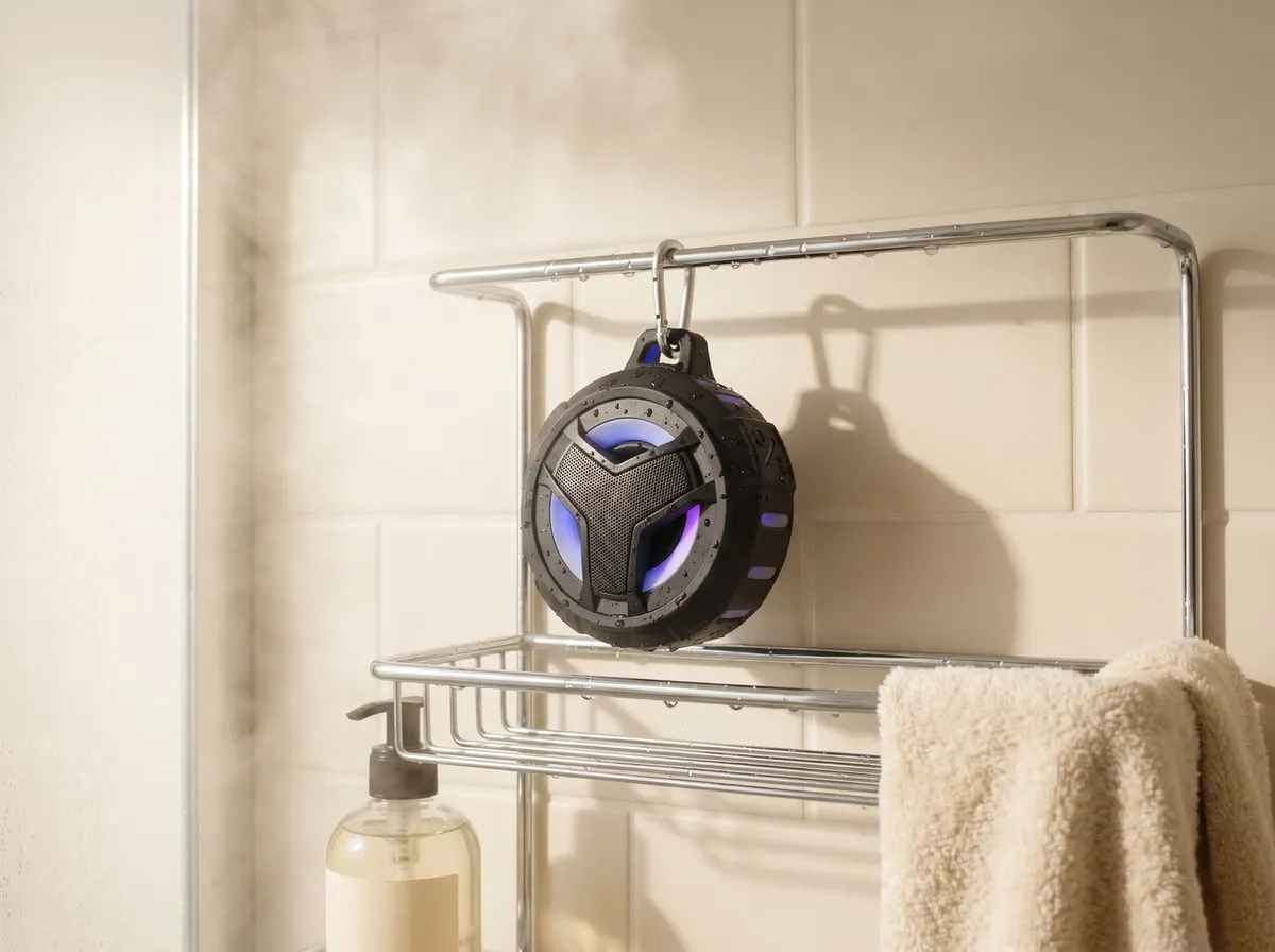 EBODA shower speaker clipped to a chrome shower caddy on cream subway tile, LED glowing blue amid soft steam