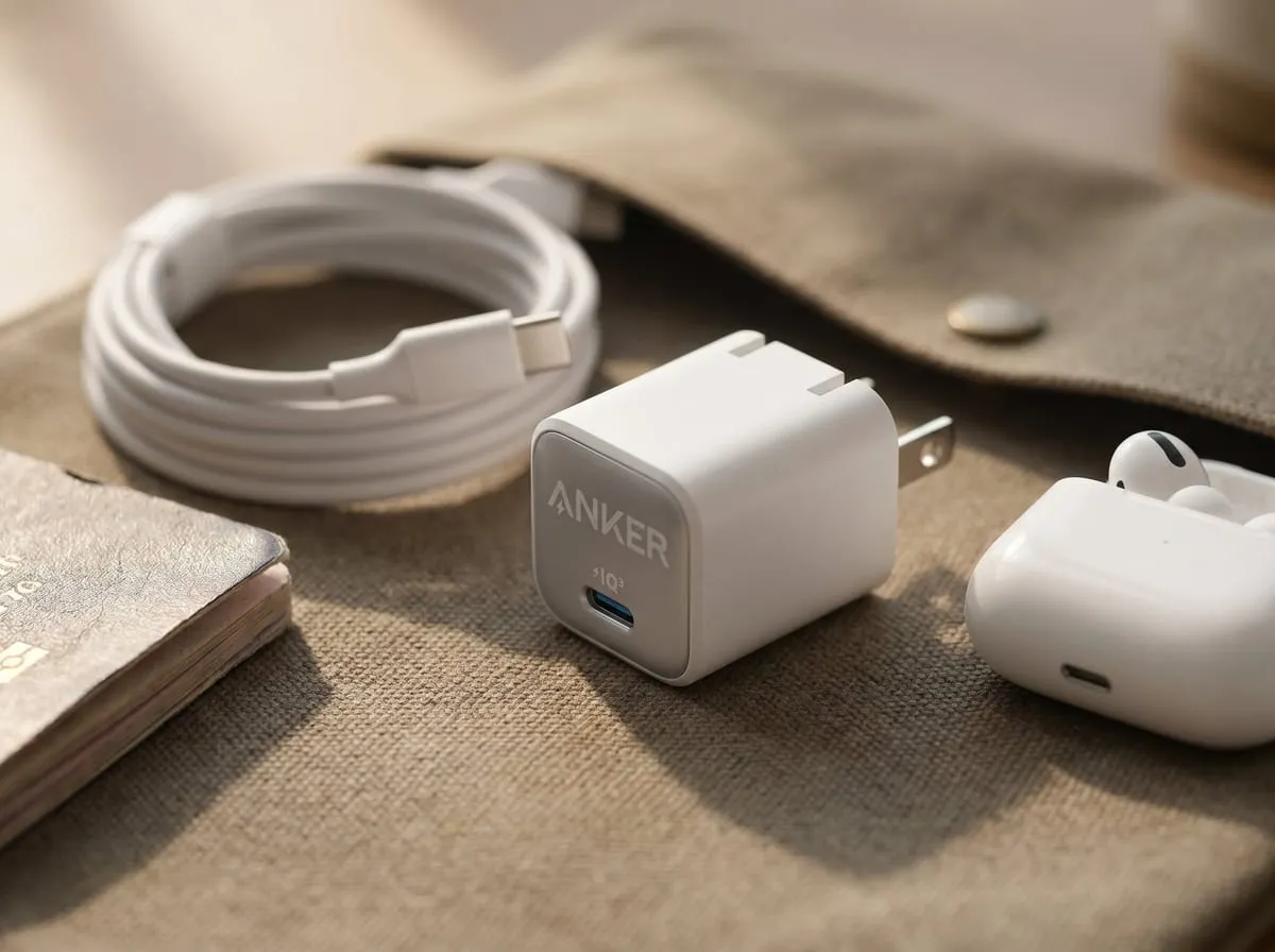Anker Nano 30W charger in a tidy travel carry kit with a coiled cable and earbuds case