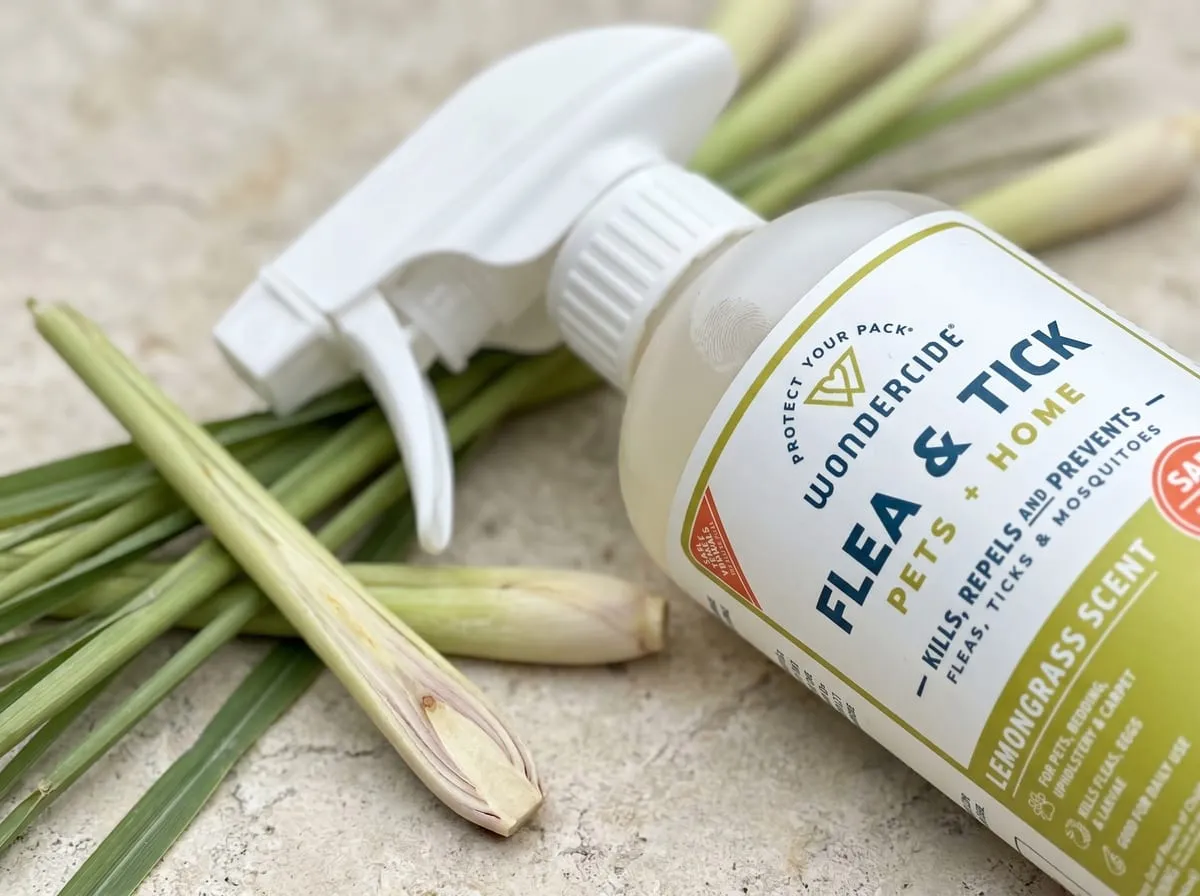 Close view of the Wondercide lemongrass spray label — lab proven, plant powered, good for daily use, applied on a dog at home